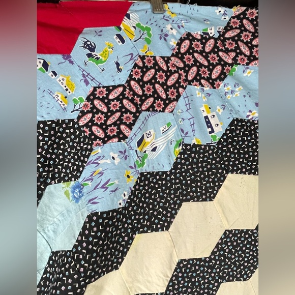 Vintage Antique Hexagon Unfinished Quilt Top Handmade Hand Sewn 72 x 93 - Picture 10 of 13